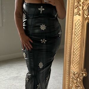 Black Leather Strapless Gem Dress